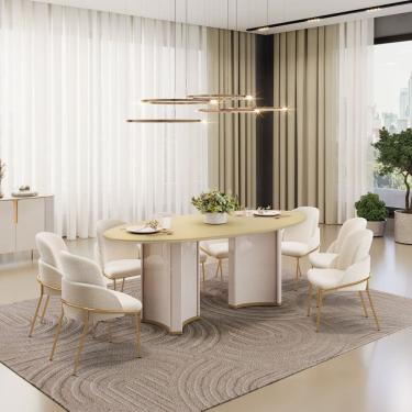 Imagem de Conjunto Sala de Jantar Liz Tampo Elipse com Vidro Orgânico 218cm com 8 Cadeiras Vitta Off White/Dourado/Perola