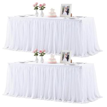 Imagem de Pacote com 2 toalhas de mesa brancas de 2,4 m, toalha de mesa retangular de tule, toalhas de mesa brancas ajustadas para mesas retangulares de 2,4 m, capas de mesa de elastano elásticas para festas
