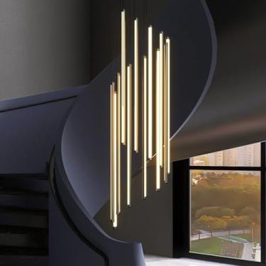 Imagem de Lustre moderno de LED para escada - Luminária de teto ajustável e dimerizável com 5/8/12 lâmpadas, controle remoto, em alumínio preto e acrílico, ideal para corredor, sala de estar, sala de