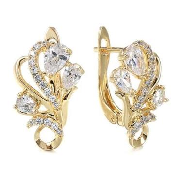 Imagem de Brincos de Argola em U com Flor Dourada e Zircônia Cúbica - Joia para 