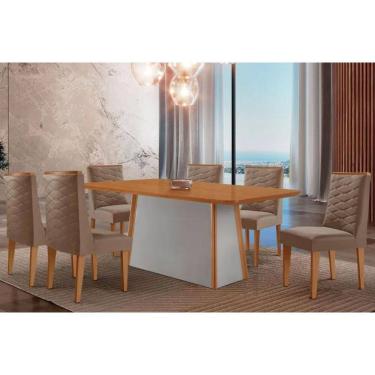 Imagem de Mesa Cozinha Tilia c/ Tampo Madeirado Canto Curvo 180x90cm e 6 Cadeiras Dafne Madeira Maciça Naturale/Off White - Capuccino/Suede Capuccino-Rufato
