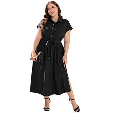 Imagem de KOJOOIN Vestidos maxi plus size para o verão com cinto de amarrar, trabalho, vestido polo casual para negócios, vestido de botão, Preto, 3G