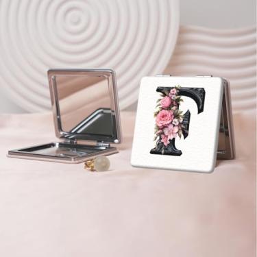Imagem de Espelho de maquiagem portátil de couro PU retrô europeu com letras florais, mini espelho dobrável de mão dupla face, quadrado para retoque, presente ideal para todas as ocasiões