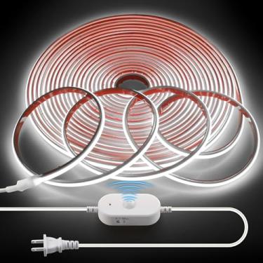 Imagem de Sensor de movimento COB Fita de LED AC 110V 40FT Branco Frio 6000K Plug In Impermeável IP68 Ajustável Time-Delay Motion Ativado Flexível Tira de Luzes LED para Sob Armário Quarto Pátio 288LEDs/M