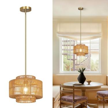 Imagem de CLARSYNE Luminária pendente de vime Boho de 33 cm, luminária suspensa de vime tecida à mão com suporte de teto dourado, iluminação moderna de fazenda para ilha de cozinha, sala de jantar, quarto, sala