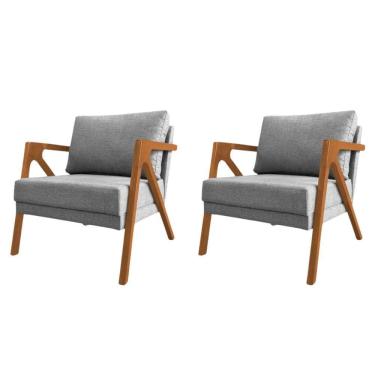 Imagem de Conjunto 2 Poltronas Sala De Estar Monique Madeira Cerejeira Cinza Linho