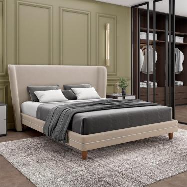 Imagem de Conjunto Cama Com Cabeceira Queen Torres Pés Em Madeira Veludo Bege G91 - Gran Belo
