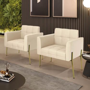 Imagem de Poltrona Sala Decorativa Kit 2 Elisa Pé Aço Lateral Dourado Sintético PU Bege D03 - D'Rossi