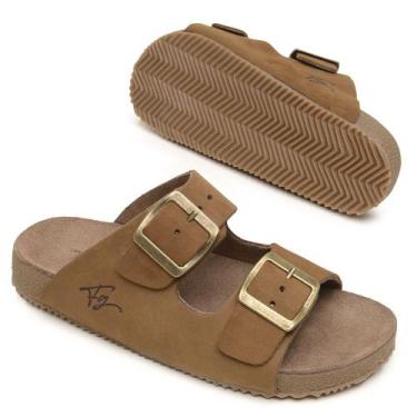 Imagem de Sandália Papete Couro Unissex Tiras Fivela tamanho:41cor:areia - Franc