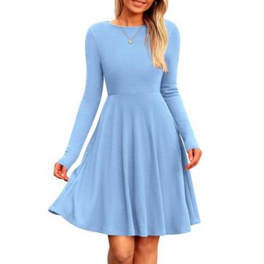 Imagem de Vestido PRETTYGARDEN Azul Céu de Manga Longa em Tricô Canelado Tamanho