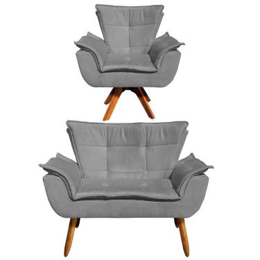 Imagem de Kit Namoradeira 2 Lugares E 1 Poltrona Decorativa Giratória Madeira Opla Suede Grafite - Ibiza