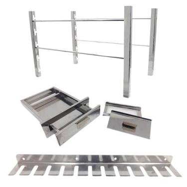 Imagem de kit suporte 80cm c/gaveta cinzas e porta espeto p/12 espeto - INOX LAU