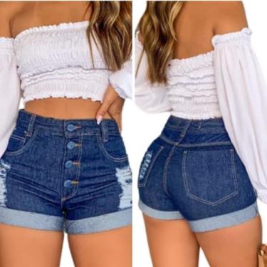 Imagem de Short Jeans Feminino 4 botões Azul Marinho Cós Alto Bermuda Tendencia 