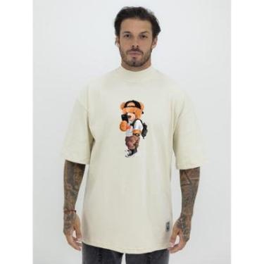 Imagem de Camiseta Camisa Oversized Gola Alta Estampa Teddy Urso Selfie Streetwear Algodão Premium Creme-Masculino