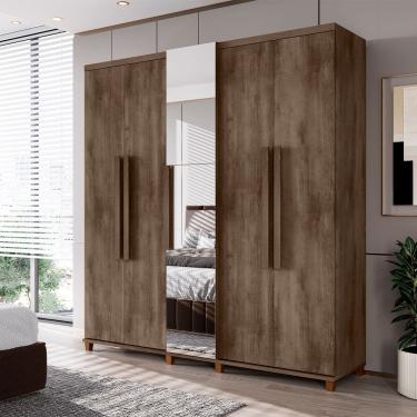 Imagem de Guarda Roupa Munique Ii 5 Portas 3 Gavetas Com Espelho E Calceiro Em Alumínio Para Casal - Freijó