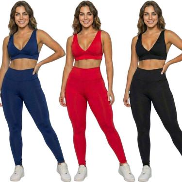 Imagem de KIT 3 Conjunto Top Bojo Costa Cruzada e Calça Suplex Bella Fiore Roupa Academia Fitness...