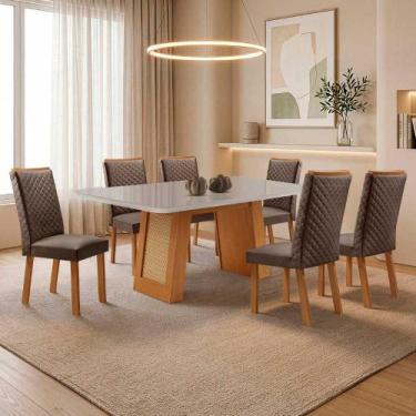 Imagem de Mesa de Jantar Carolina 180cm Tampo MDF e Vidro Canto Copo com 6 Cadei