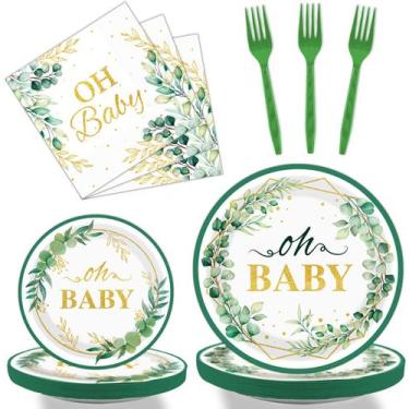 Imagem de Conjunto de talheres Tevxj Sage Greenery Oh Baby Baby Shower para 24 p