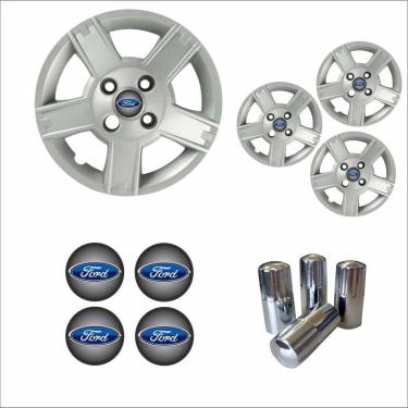 Imagem de Jogo Calota Aro 14 Fiesta Hatch Sedan 2008 à 2010 Ford + Emblema Resinado + Tampa Ventil Cromada