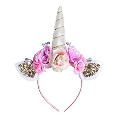 Imagem de Faixa de cabeça de unicórnio, faixa de cabeça de chifre de glitter branco AHIER faixa de cabeça de gato acessório de cabeça de flores para artigos de festa de unicórnio