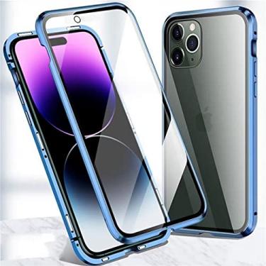 Imagem de MOESOE Compatível com capa para iPhone 14 Plus, protetor de tela de vidro temperado para capa transparente 360 cobertura total do corpo liga de alumínio capa protetora para telefone - azul
