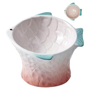 Imagem de Tigela de comida de gato de cerâmica inclinada elevada – Prato de gato bonito em formato de peixe rosa inclinado elevado ângulo raso – Alimentador personalizado para animais de estimação para alimentação de petiscos secos e úmidos – Fadiga ergonômica contra vômito e bigode