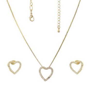 Imagem de Corrente Feminina Folheada a Ouro 40cm e Brinco Coração Cravejado Zircônias Semijoia