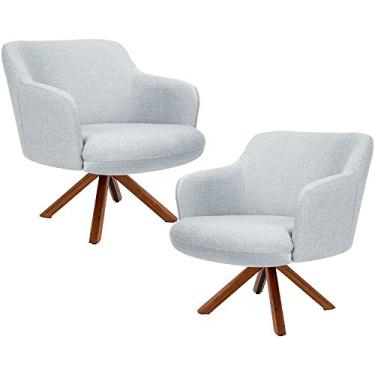 Imagem de Kit 02 Poltronas Decorativa Base Giratória de Madeira Jade D02 Linho Cinza D-315 - Lyam Decor