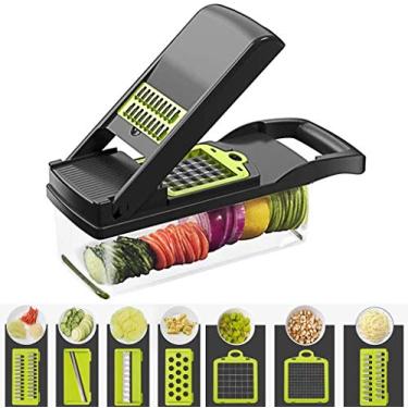 Imagem de Cortador de legumes 7 em 1 fatiador de corte - cortador de frutas cortador de mandolina cortador / cortador de alimentos com 6 lâminas de aço inoxidável, fatiador e cortador multifuncional ajustável com recipiente de armazenamento