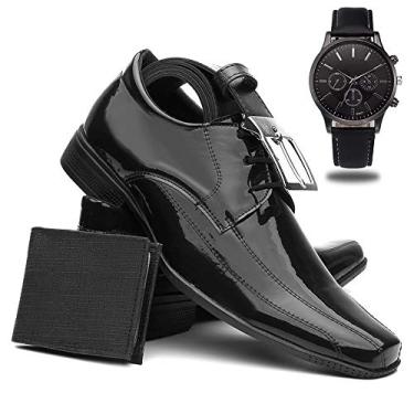 Imagem de Sapato Social Masculino Verniz + Cinto + Carteira + Relógio - Preto-194/39