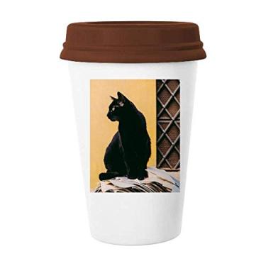 Imagem de Caneca de fotografia de gato preto com tampa de cerâmica para copo de café