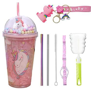 Imagem de seelucky Copo de viagem de unicórnio rosa com canudo para festa copo de gelo piquenique congelador caneca gelada presente para aniversário (unicórnio rosa, 450 ml)