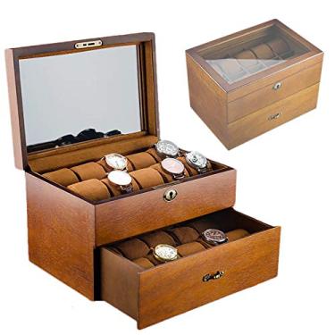 Imagem de Organizador de Caixa de Relógio para Homens com 1 Gaveta - Caixa de Relógio de Luxo com 20 Fendas com Visor de Vidro e Fechadura | Porta-joias de relógios de pulso masculinos, 12 × 8 × 7 pol.