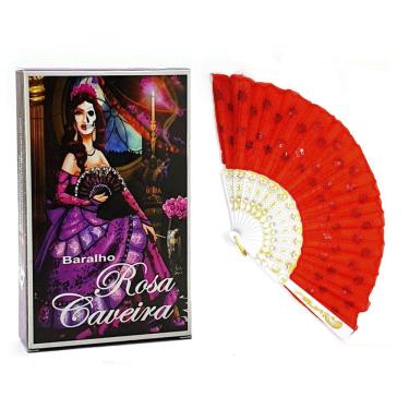 Imagem de Kit Baralho Tarô Rosa Caveira e Leque Paetê Vermelho