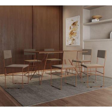 Imagem de Mesa Jantar Retangular Industrial 1,50X0,90M Amêndoa 6 Cadeiras Estofadas Bege E Cobre - Bege