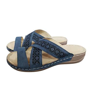 Imagem de Sandálias de cunha para mulheres casuais respiráveis sapatos femininos sandálias com sola anabela lazer grosso verão sandálias femininas (azul-marinho, 7,5)