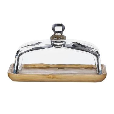 Imagem de predolo Suporte de bolo de prato de bolo de bambu, prato de aperitivo, prato de frutas bandeja de bolo retangular com tampa de vidro para queijo de comida