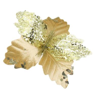 Imagem de Kit 12 Flor De Natal Dourada Artificial Com Brilho 19cm