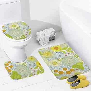 Imagem de Conjunto de tapetes de banheiro 3 peças vintage floral folhas tapete de banheiro lavável tapete antiderrapante tapete de contorno e tampa para banheiro