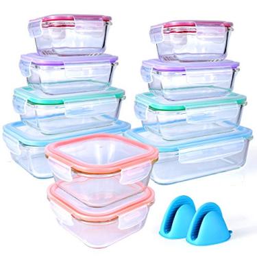 Imagem de [20 peças] Conjunto de recipientes herméticos e à prova de vazamento para armazenamento de alimentos de vidro com tampas de trava de pressão, 2 luvas de silicone de forno bônus, seguro para lava-louças, forno, micro-ondas, freezer, livre de BPA