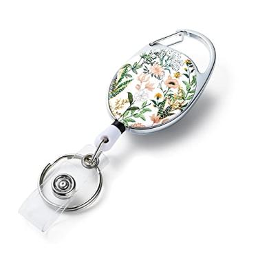 Imagem de Carretéis retráteis, porta-crachás retráteis, padrão de impressão colorida dupla face, com chaveiro retrátil, clipe de crachá e chaveiro, corda retrátil de nylon durável, flor branca