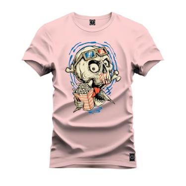 Imagem de Camiseta Plus Size Premium Malha Confortável Estampada Caveira Pipoca Rosa G2