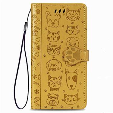 Imagem de Rnrieyta Miagon Capa carteira de couro PU para Samsung Galaxy A54 5G, design animal de gato e cachorro, capa com função de suporte flip com slots de cartão, fivela magnética e cordão, amarelo
