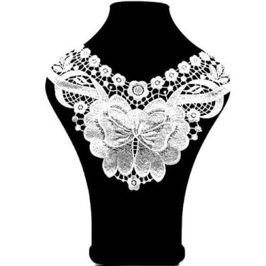 Imagem de 2 peças de tecido flor renda aplique de costura renda gola gola gola aplique diy artesanato decote acessórios de costura (branco)