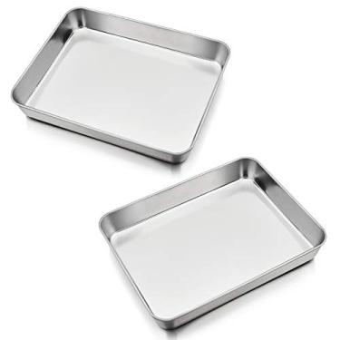Imagem de Conjunto de 2 formas de forno torradeira de 24 cm, assadeira de aço inoxidável P&P CHEF para torradeira pequena, formato retangular e aro de 4 cm, acabamento em escova e pode ser lavado na lava-louças