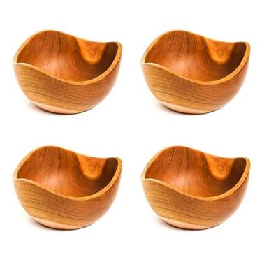 Imagem de Rainforest Bowls Conjunto de 4 tigelas onduladas de madeira de teca javanesa de 16,5 cm - perfeitas para uso diário, amigável ao calor e ao frio, ultraduráveis - design personalizado de luxo exclusivo