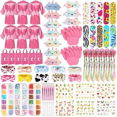Imagem de Suhine 75 peças de artigos de festa de spa para meninas, lembrancinhas de festa do pijama, inclui 6 roupões de cetim, 6 chinelos, 6 faixas de spa, 6 fitas de spa, 6 máscaras de pelúcia para dormir e kit de salão de unhas, rosa, Medium Big Kid