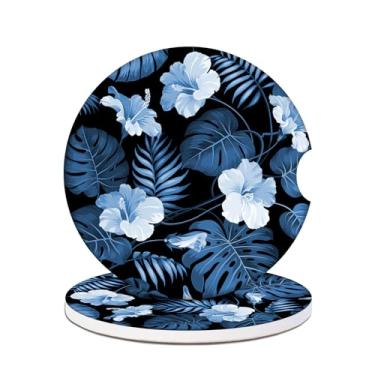 Imagem de Porta-copos de carro – Porta-copos de cerâmica absorvente de flores de palmeira azul pacote com 2, porta-copos de carro para porta-copos, acessórios de interior de carro de moda porta-copos para