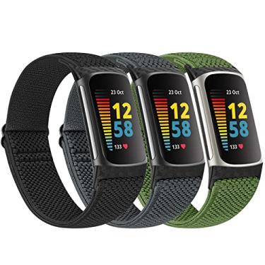 Imagem de Huamanlou Pacote com 3 pulseiras elásticas respiráveis para relógio compatíveis com Fitbit Charge 5, pulseira esportiva de nylon macio ajustável para Fitbit Charge 5 Advanced Fitness Tracker feminino