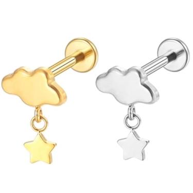 Imagem de LOMISS Brinco Piercing Helix Conch Labret Titânio Pvd Nuvem Com Pingente Estrela 1.2x8 (Dourado)